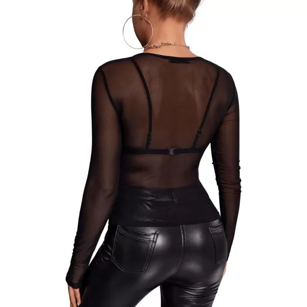 Floerns Women's Mock Neck Long Sleeve See Though Sheer Mesh Tops Tee Shirt