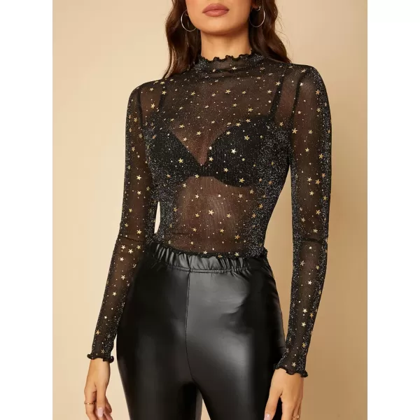 Floerns Women's Mock Neck Long Sleeve See Though Sheer Mesh Tops Tee Shirt