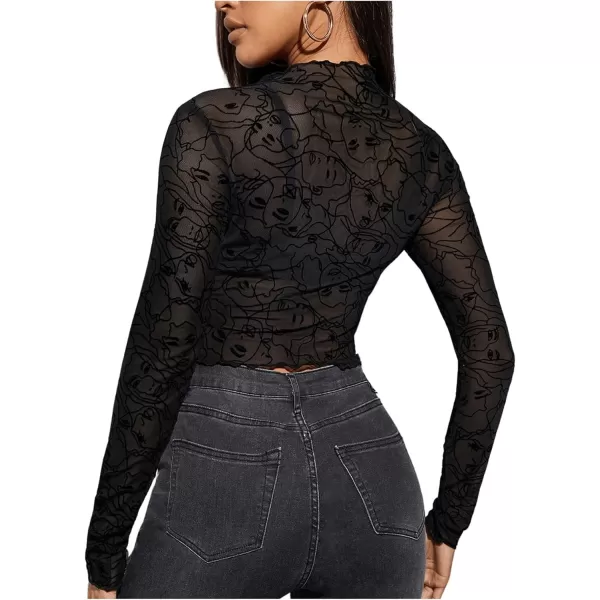 Floerns Women's Mock Neck Long Sleeve See Though Sheer Mesh Tops Tee Shirt