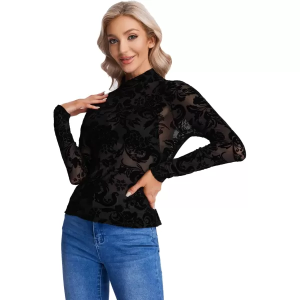 Floerns Women's Mock Neck Long Sleeve See Though Sheer Mesh Tops Tee Shirt