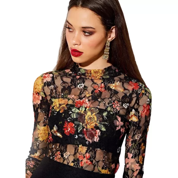 Floerns Women's Mock Neck Long Sleeve See Though Sheer Mesh Tops Tee Shirt