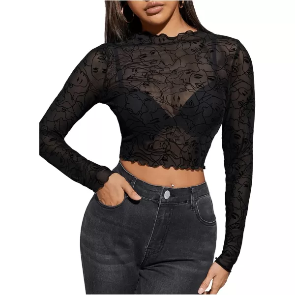 Floerns Women's Mock Neck Long Sleeve See Though Sheer Mesh Tops Tee Shirt