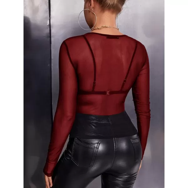 Floerns Women's Mock Neck Long Sleeve See Though Sheer Mesh Tops Tee Shirt
