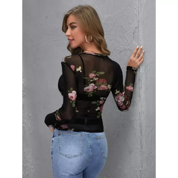 Floerns Women's Mock Neck Long Sleeve See Though Sheer Mesh Tops Tee Shirt