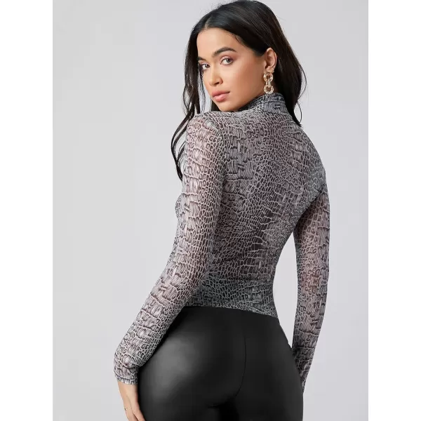Floerns Women's Mock Neck Long Sleeve See Though Sheer Mesh Tops Tee Shirt
