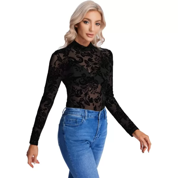 Floerns Women's Mock Neck Long Sleeve See Though Sheer Mesh Tops Tee Shirt