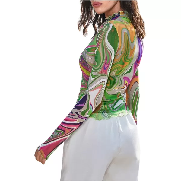 Floerns Women's Mock Neck Long Sleeve See Though Sheer Mesh Tops Tee Shirt