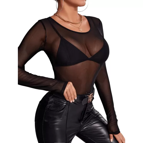 Floerns Women's Mock Neck Long Sleeve See Though Sheer Mesh Tops Tee Shirt