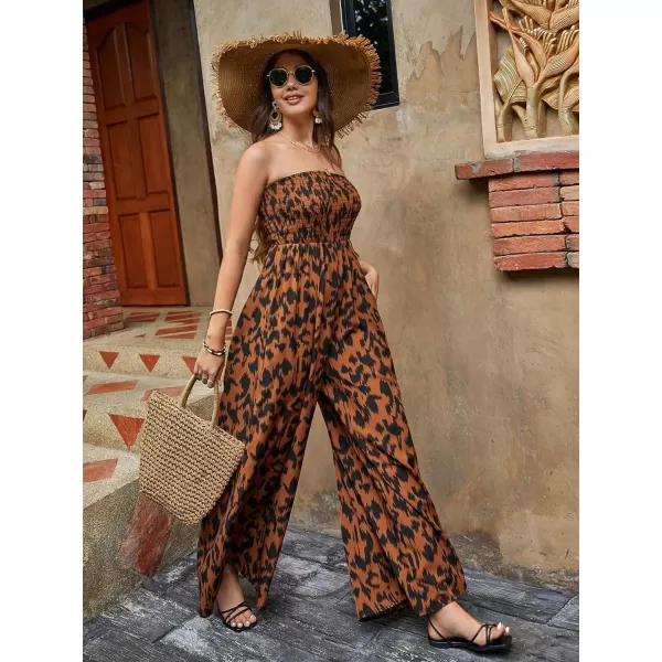 Floerns Women's Palm Leaf Print Shirred Back Button Cami Palazzo Jumpsuit