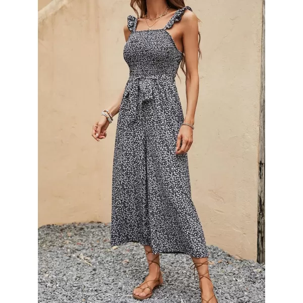Floerns Women's Palm Leaf Print Shirred Back Button Cami Palazzo Jumpsuit