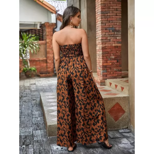 Floerns Women's Palm Leaf Print Shirred Back Button Cami Palazzo Jumpsuit
