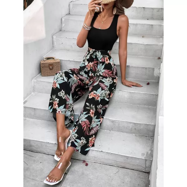 Floerns Women's Palm Leaf Print Shirred Back Button Cami Palazzo Jumpsuit