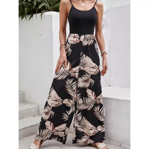 Floerns Women's Palm Leaf Print Shirred Back Button Cami Palazzo Jumpsuit
