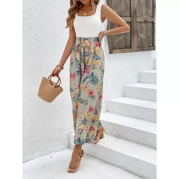 Floerns Women's Palm Leaf Print Shirred Back Button Cami Palazzo Jumpsuit