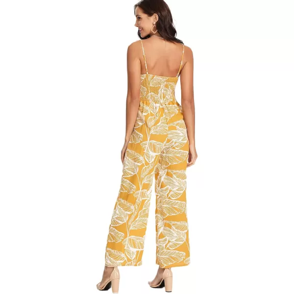 Floerns Women's Palm Leaf Print Shirred Back Button Cami Palazzo Jumpsuit