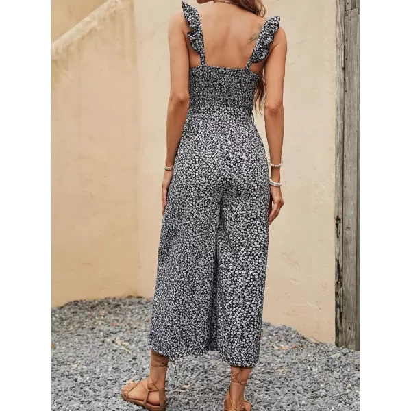 Floerns Women's Palm Leaf Print Shirred Back Button Cami Palazzo Jumpsuit