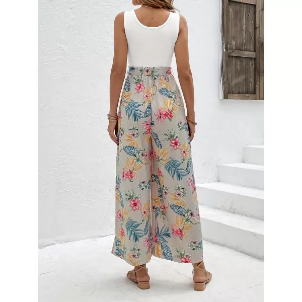 Floerns Women's Palm Leaf Print Shirred Back Button Cami Palazzo Jumpsuit