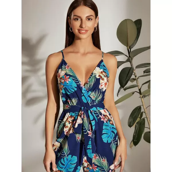 Floerns Women's Palm Leaf Print Shirred Back Button Cami Palazzo Jumpsuit