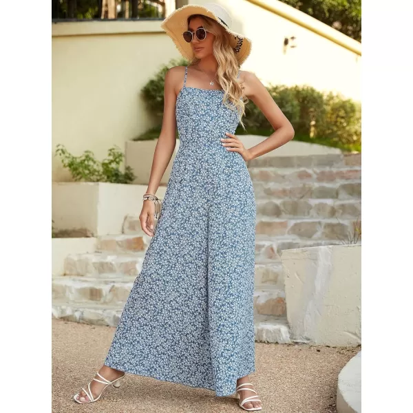 Floerns Women's Palm Leaf Print Shirred Back Button Cami Palazzo Jumpsuit