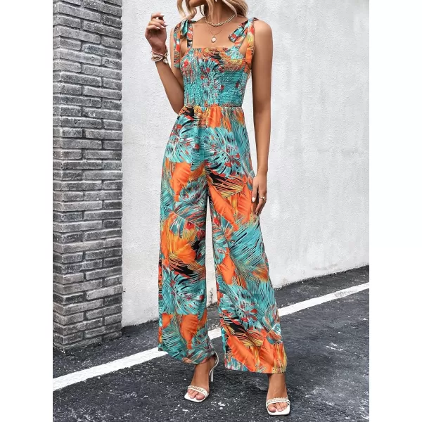 Floerns Women's Palm Leaf Print Shirred Back Button Cami Palazzo Jumpsuit