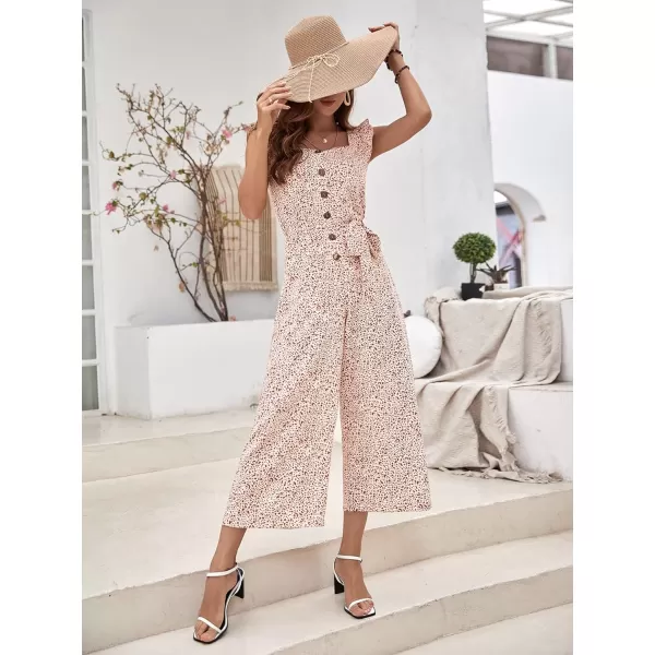 Floerns Women's Palm Leaf Print Shirred Back Button Cami Palazzo Jumpsuit