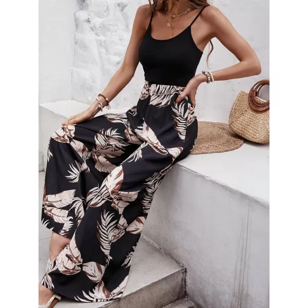 Floerns Women's Palm Leaf Print Shirred Back Button Cami Palazzo Jumpsuit