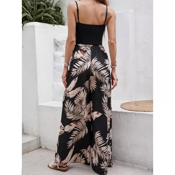 Floerns Women's Palm Leaf Print Shirred Back Button Cami Palazzo Jumpsuit