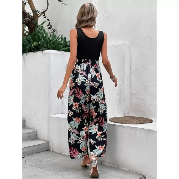 Floerns Women's Palm Leaf Print Shirred Back Button Cami Palazzo Jumpsuit