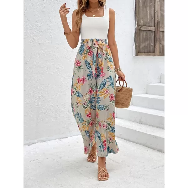 Floerns Women's Palm Leaf Print Shirred Back Button Cami Palazzo Jumpsuit