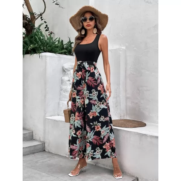 Floerns Women's Palm Leaf Print Shirred Back Button Cami Palazzo Jumpsuit