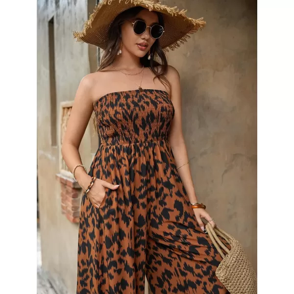 Floerns Women's Palm Leaf Print Shirred Back Button Cami Palazzo Jumpsuit