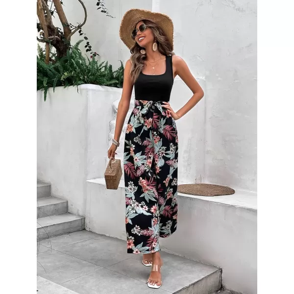 Floerns Women's Palm Leaf Print Shirred Back Button Cami Palazzo Jumpsuit