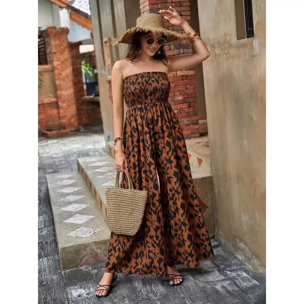 Floerns Women's Palm Leaf Print Shirred Back Button Cami Palazzo Jumpsuit