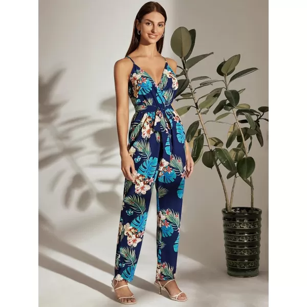 Floerns Women's Palm Leaf Print Shirred Back Button Cami Palazzo Jumpsuit