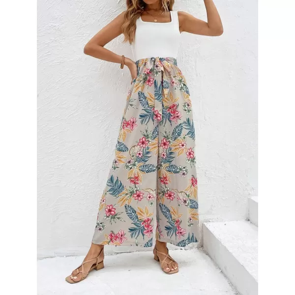 Floerns Women's Palm Leaf Print Shirred Back Button Cami Palazzo Jumpsuit