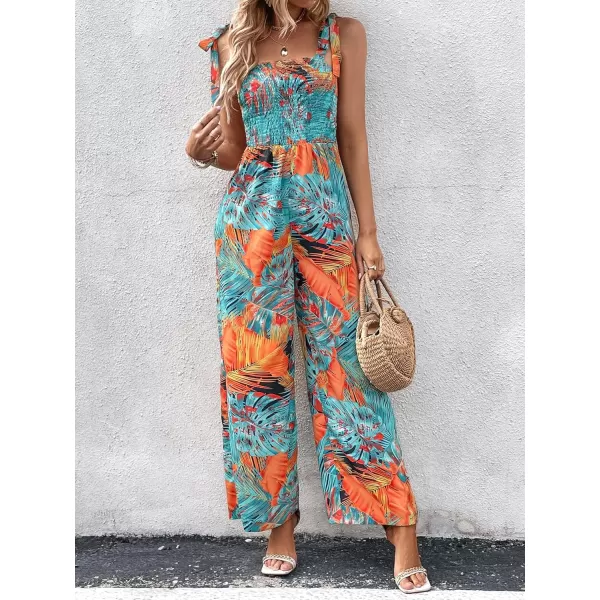 Floerns Women's Palm Leaf Print Shirred Back Button Cami Palazzo Jumpsuit