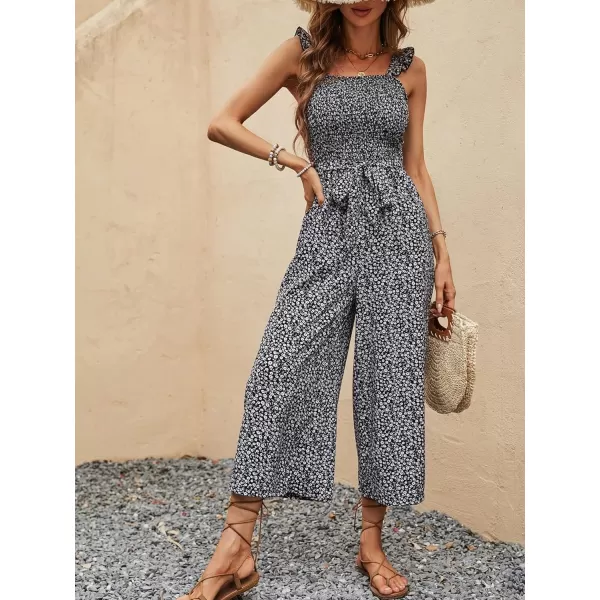 Floerns Women's Palm Leaf Print Shirred Back Button Cami Palazzo Jumpsuit
