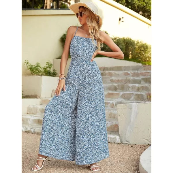 Floerns Women's Palm Leaf Print Shirred Back Button Cami Palazzo Jumpsuit