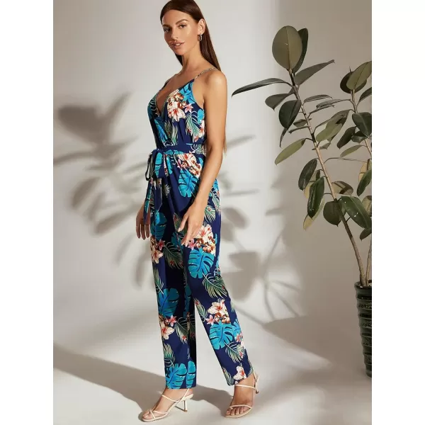 Floerns Women's Palm Leaf Print Shirred Back Button Cami Palazzo Jumpsuit