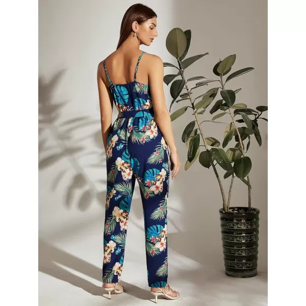Floerns Women's Palm Leaf Print Shirred Back Button Cami Palazzo Jumpsuit