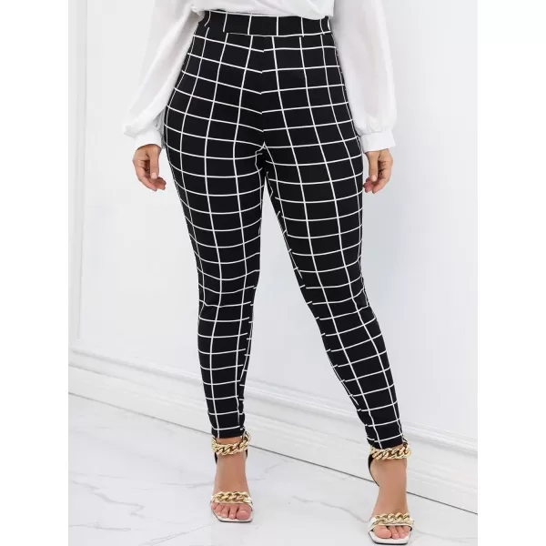 Floerns Women's Plus Size Plaid Pants Leggings Stretchy Elastic Waist Work Skinny Pants
