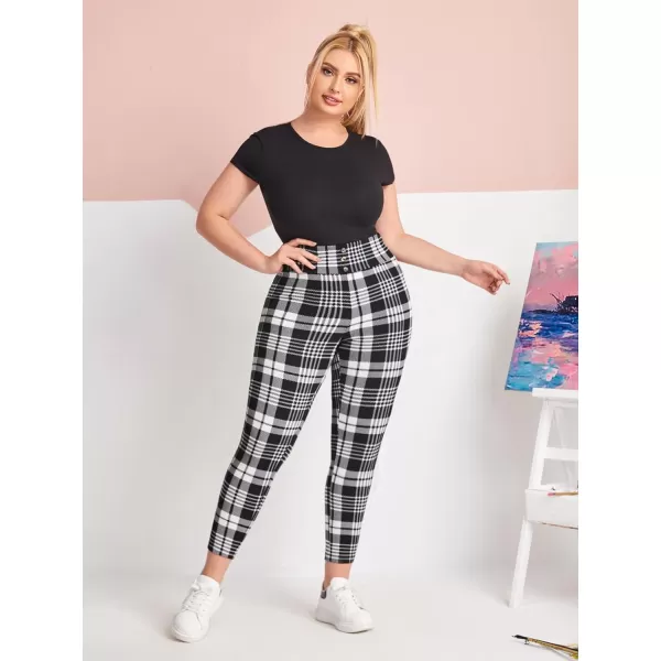 Floerns Women's Plus Size Plaid Pants Leggings Stretchy Elastic Waist Work Skinny Pants