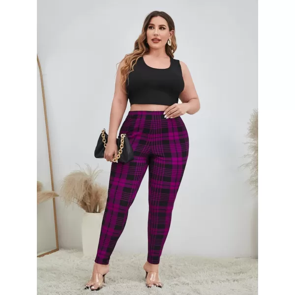 Floerns Women's Plus Size Plaid Pants Leggings Stretchy Elastic Waist Work Skinny Pants