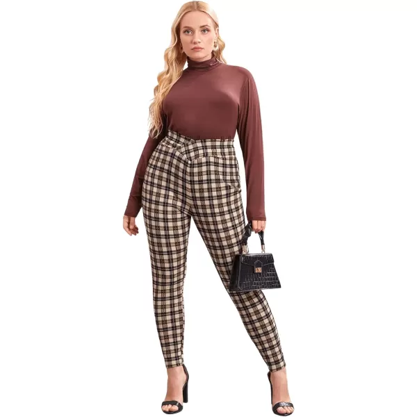 Floerns Women's Plus Size Plaid Pants Leggings Stretchy Elastic Waist Work Skinny Pants