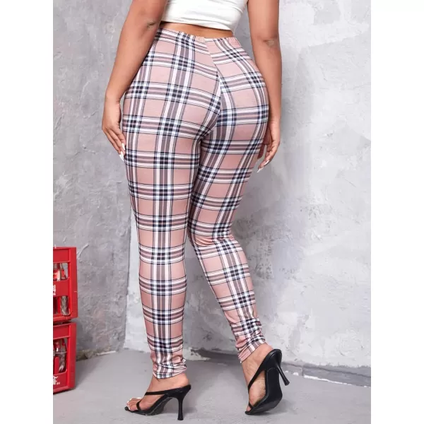 Floerns Women's Plus Size Plaid Pants Leggings Stretchy Elastic Waist Work Skinny Pants