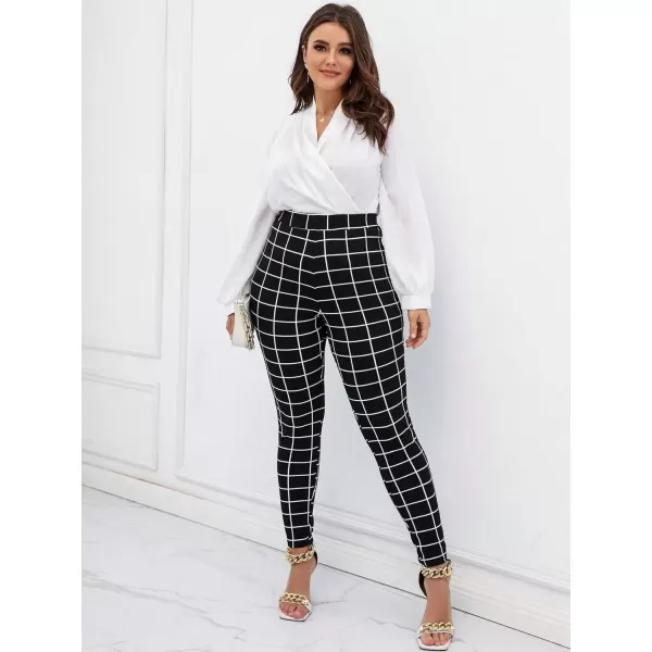 Floerns Women's Plus Size Plaid Pants Leggings Stretchy Elastic Waist Work Skinny Pants