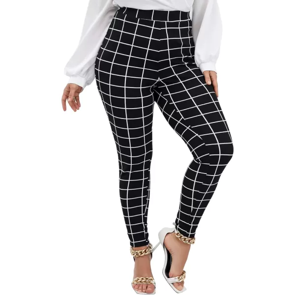 Floerns Women's Plus Size Plaid Pants Leggings Stretchy Elastic Waist Work Skinny Pants