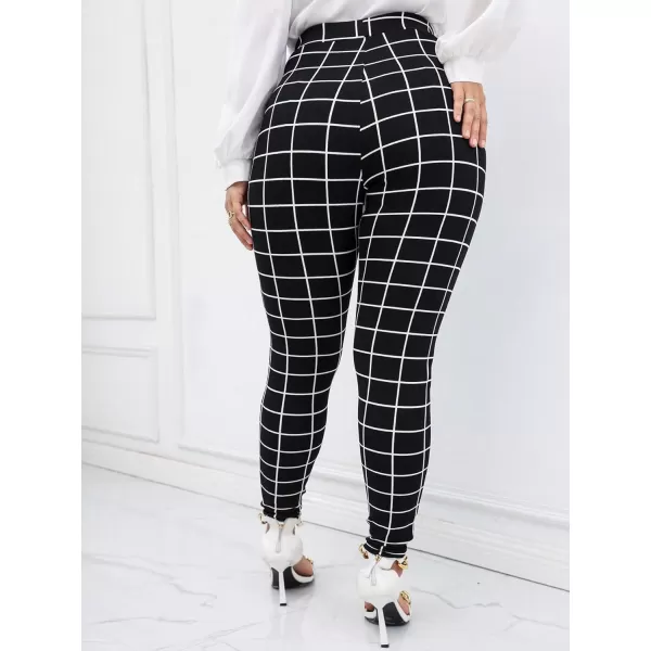Floerns Women's Plus Size Plaid Pants Leggings Stretchy Elastic Waist Work Skinny Pants