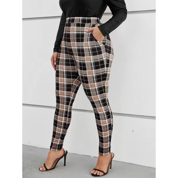 Floerns Women's Plus Size Plaid Pants Leggings Stretchy Elastic Waist Work Skinny Pants