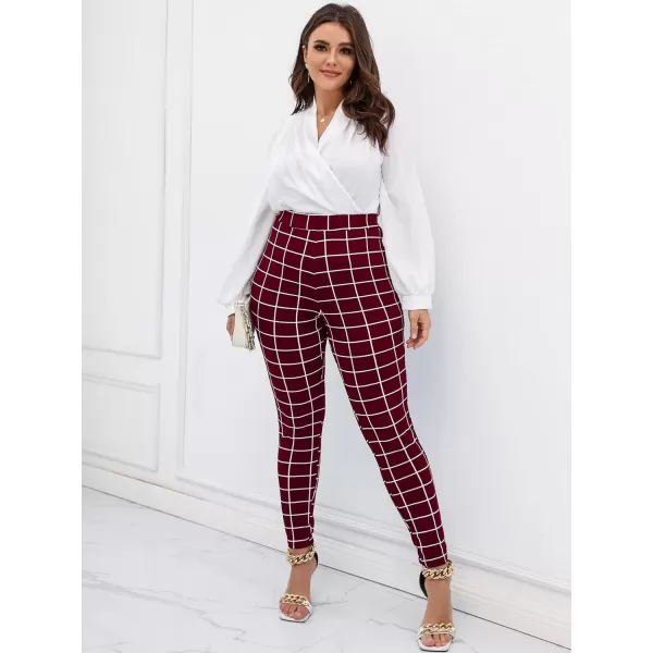 Floerns Women's Plus Size Plaid Pants Leggings Stretchy Elastic Waist Work Skinny Pants